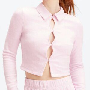 EUC Fabletics Terry Collared Long-Sleeve Cut Out Top Lavender Lustre (Pink) M